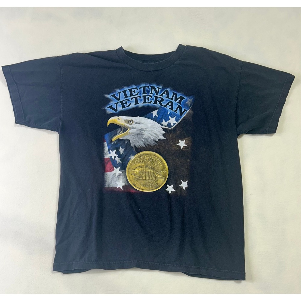 Bayside Vietnam Veteran T Shirt Mens XL Black Eagle‎ American Flag Made in USA